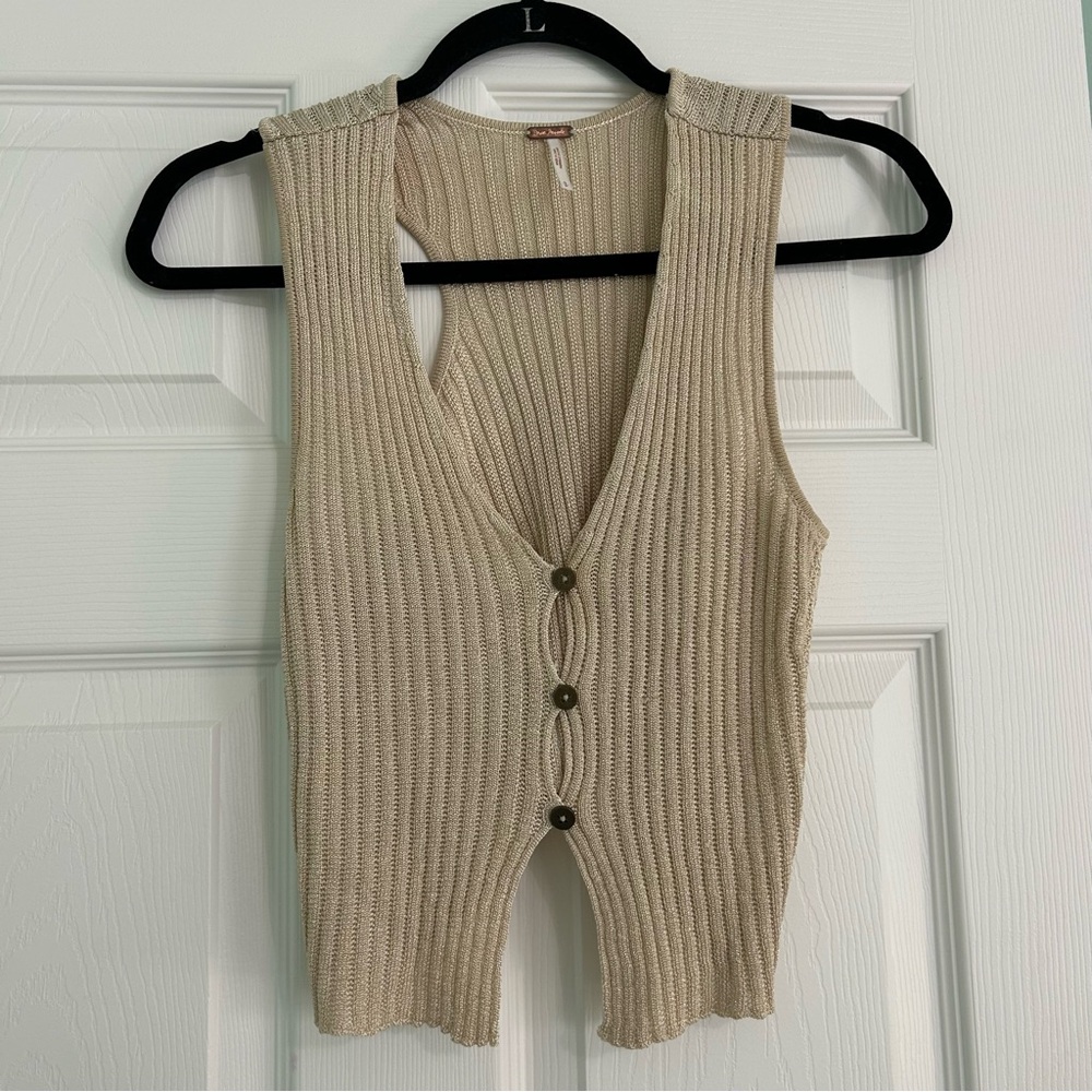 Free People Gold Knit Button-Front Tank Top